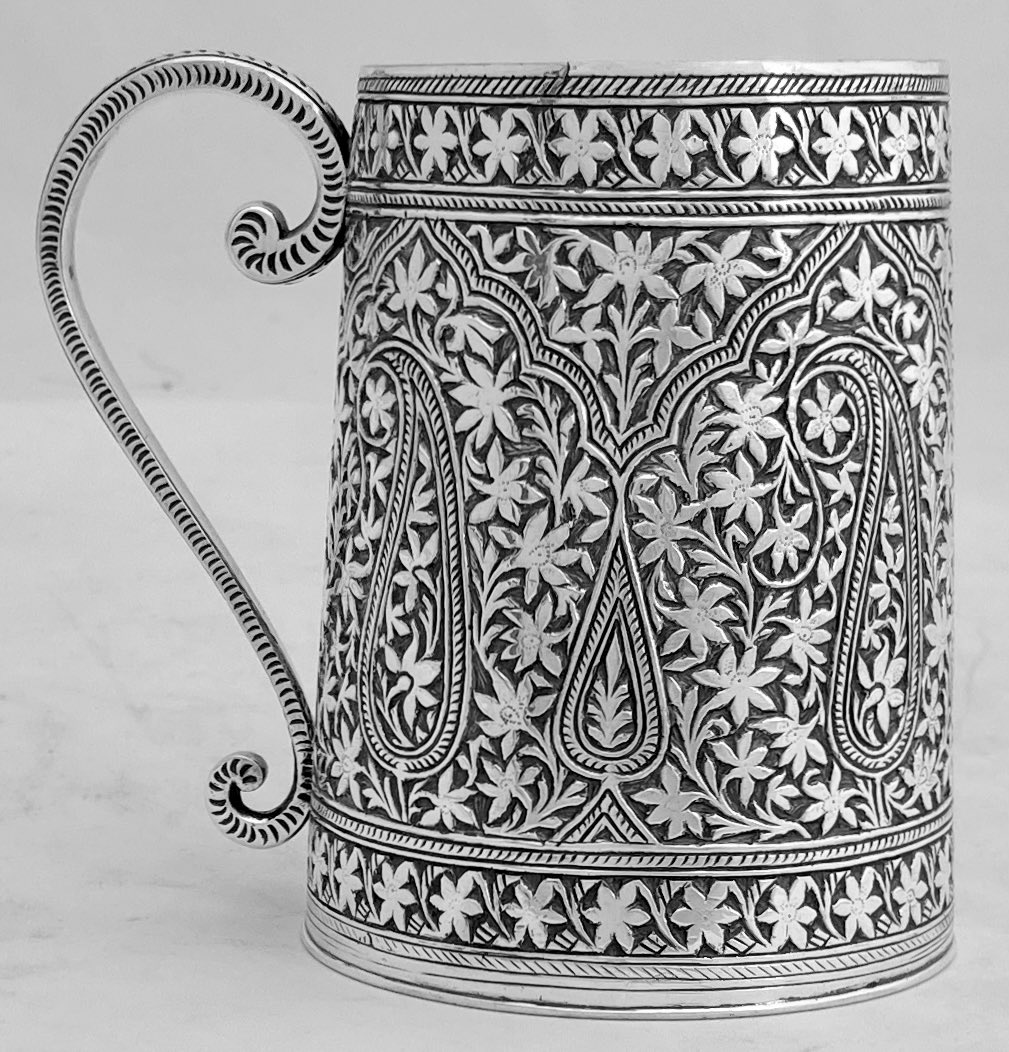 A late Victorian Persian paisley pattern silver plated mug by Elkington. #antiques