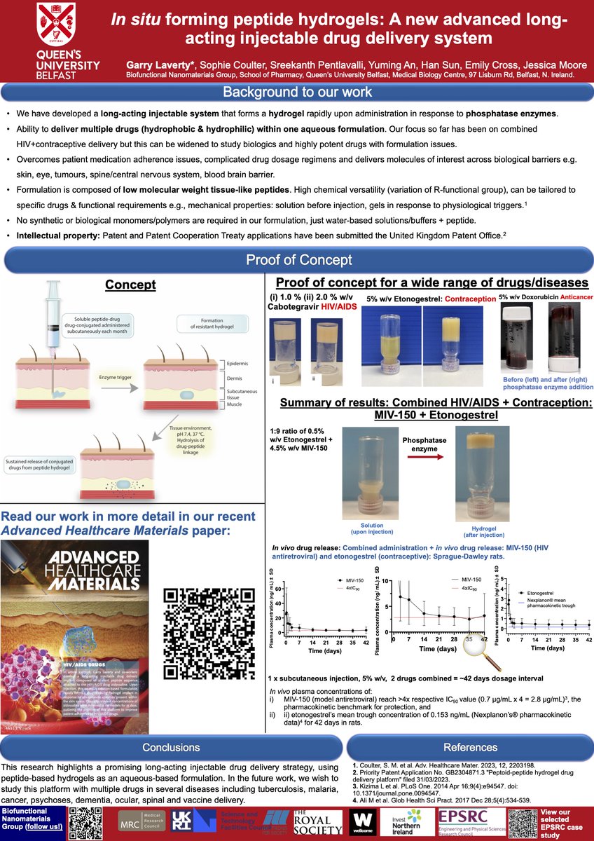 DrLaverty's tweet photo. We are presenting our work at the @DDF_Summit 2024 Berlin! 

Come see our work on using our peptide hydrogel platform as a long-acting aqueous injection for drug delivery:
-Combined HIV/contraception 
-Cancer
-CNS disease
-TB &amp; malaria

Poster 8  #DDFSummit https://t.co/x4iTmGBpZc