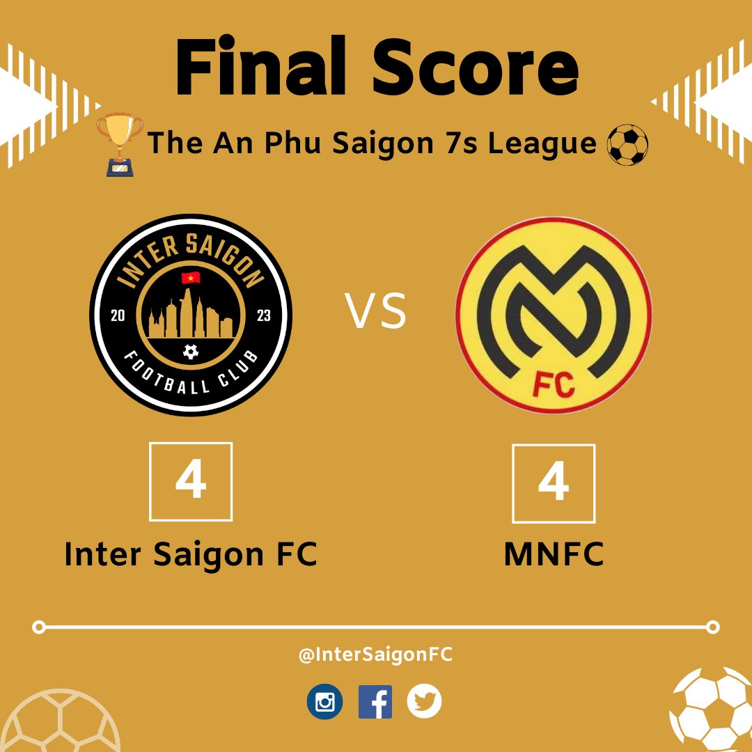 InterSaigonFC's tweet photo. 1/2

A last second equaliser from the league winners, MNFC, denied the @intersaigonfc 7s boys all three points this evening - in an end-to-end encounter at Fox Fields.

The match was the final match to be played in the An Phu Saigon 7s League - organised by Sporting Legend FC. https://t.co/K8l85EXo88
