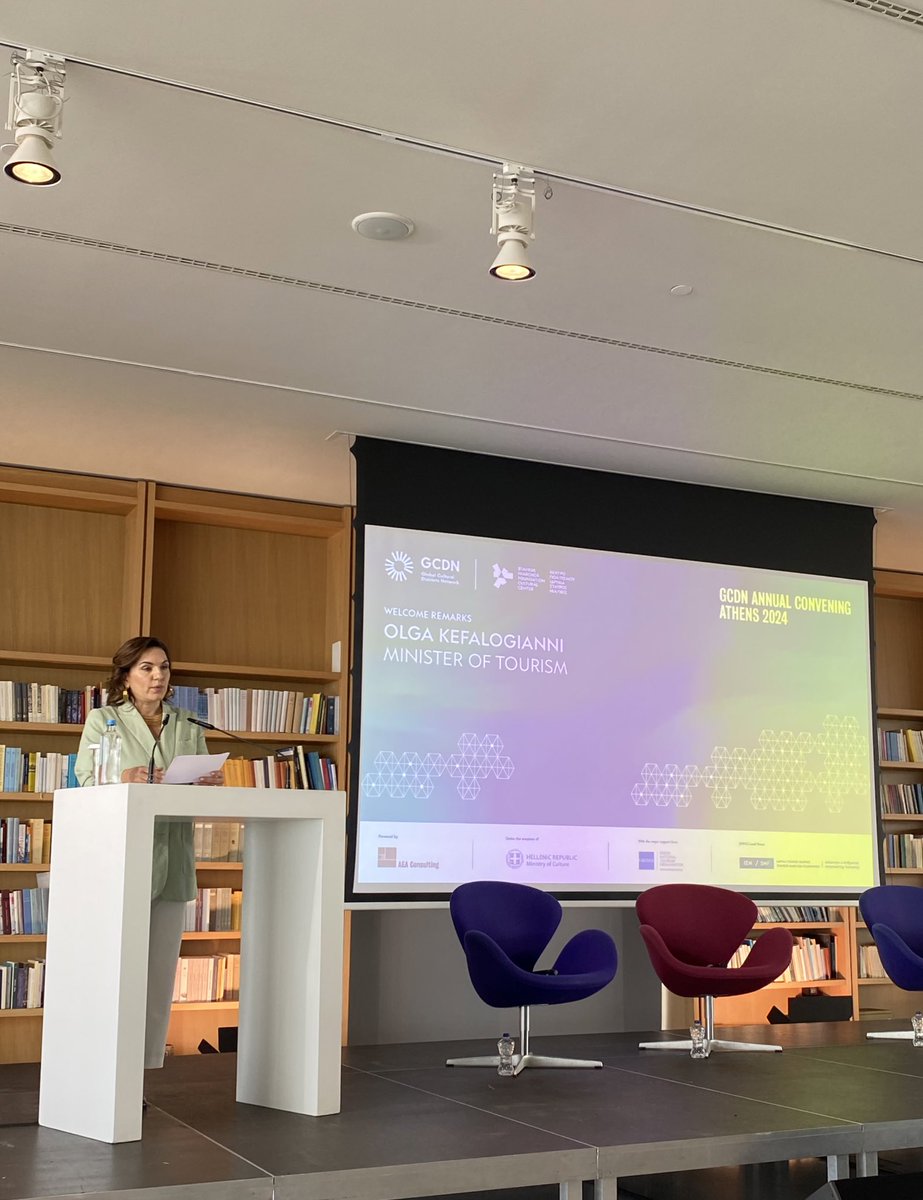 stoffer's tweet image. Greec minister of tourism Olga Kefalogianni welcoming 250 participants at the @GCDNet annual convening 2024 about modern agoras