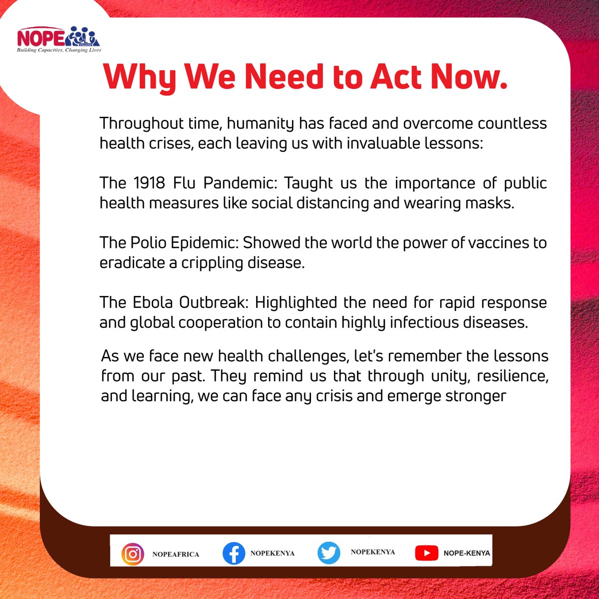 NOPEKENYA's tweet photo. Act Now to Prevent the Next Pandemic!
The lessons from past pandemics, including COVID-19, are clear: Early action saves lives. Let's learn from history and take proactive steps to protect our future.
#Utayari? #EpidemicpreparednessKe #Health4All
@AderaBetty @NAssemblyKE https://t.co/oqG2YJRJDw