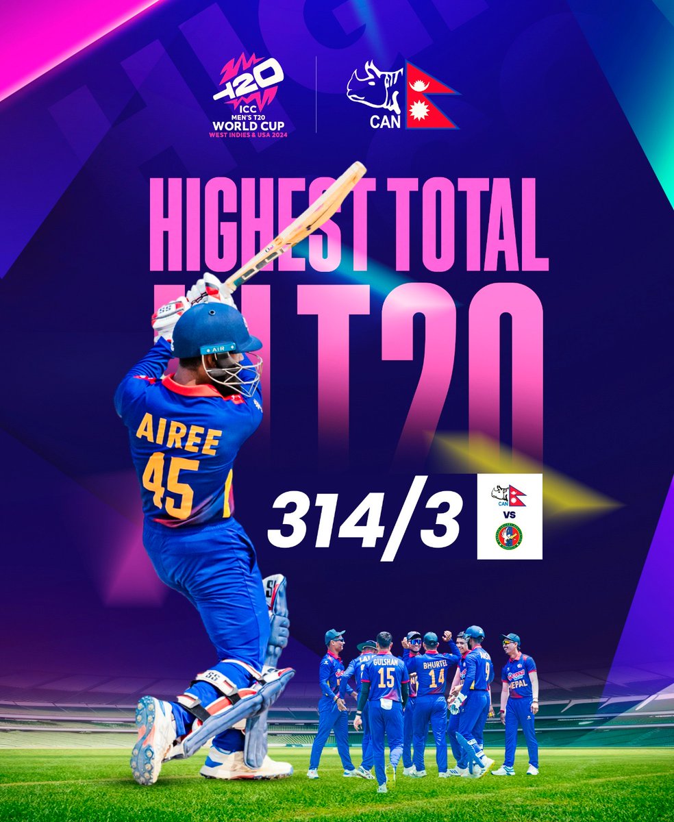 ⭐️ Nepal shines bright in the Record Books! 🇳🇵🌍

#Rhinos top the chart for T20l action with their record of the highest total of 314/3 as they gear up to charge at the ICC Men's T20 World Cup 2024.

#OutOfThisWorld | #WorldCupYear2024 |
#NepalCricket | #20WorldCup
