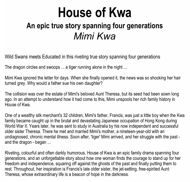 📚📚Random Things Tours📚📚 House of Kwa by Mimi Kwa Full review ➡️ t.ly/WA1Yn “There is so much emotion in this book, good and bad, and immune as I am to most things I read there were parts of this I was quite mentally overwhelmed by.” @Harper360UK @RandomTTours