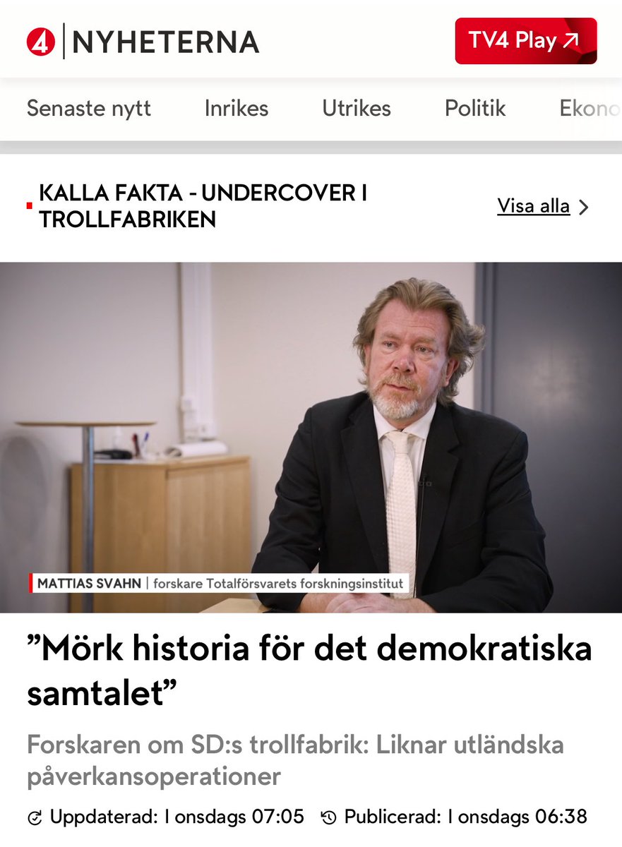 ”Den trollverksamhet som SD har byggt upp påminner om utländska påverkansoperationer”, säger Mattias Svahn, forskare på Totalförsvarets forskningsinstitut. Det är ett problem för demokratin när det inte framgår vem som står bakom budskapen

tv4.se/artikel/5DbOjR…