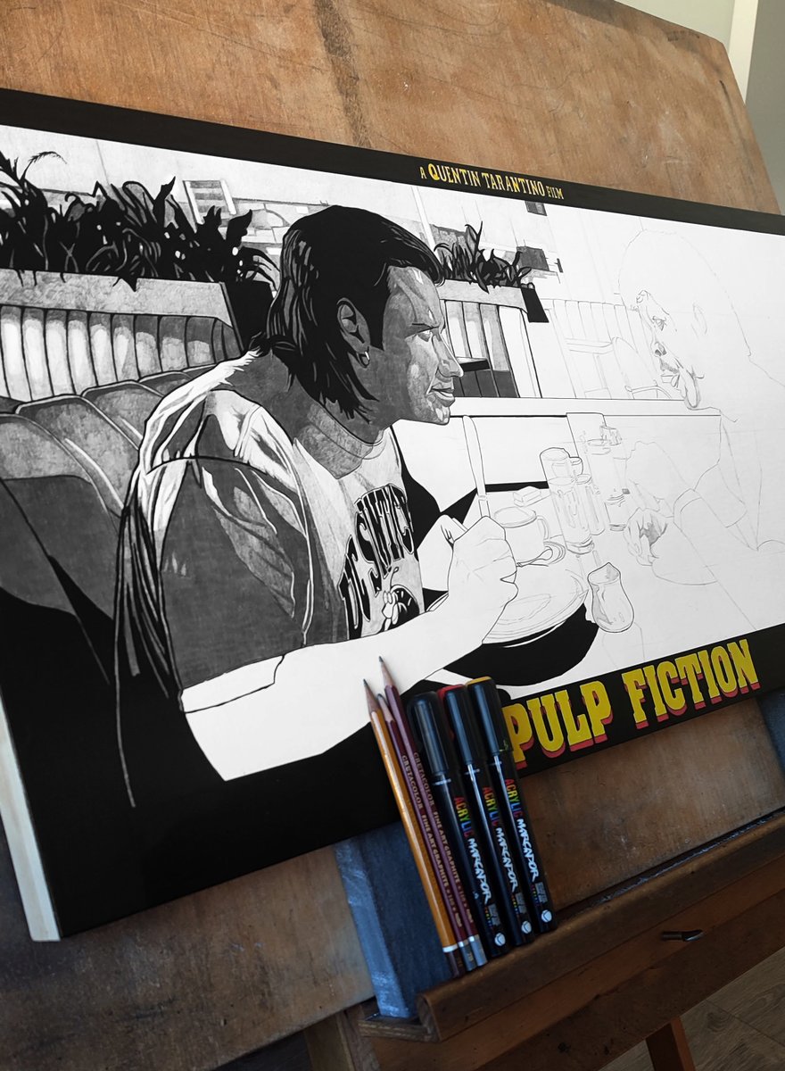 🔥New work in progress 'Pulp Fiction' (1994) by Quentin Tarantino
🎨Graphite pencil&Acrylic marker on wood 40x80cm

#pulpfiction #QuentinTarantino #JohnTravolta #SamuelLJackson #alternativemovieposter #fanart #90smovies #carlesganya