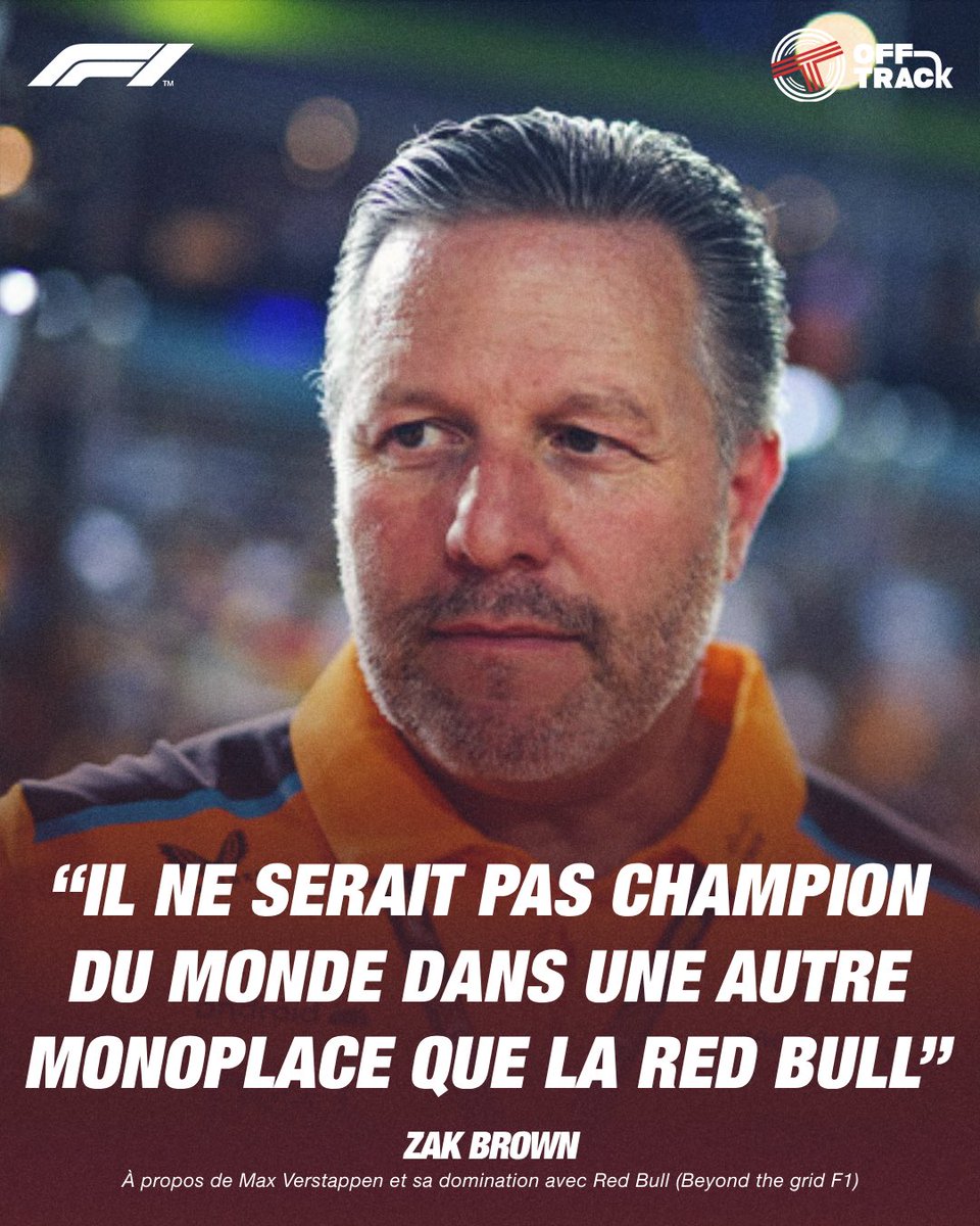 🔴 Selon Zak Brown dans un podcast de la F1 “Verstappen ne serait pas champion du monde sans la Red Bull” 😳 Le PDG de McLaren argumente : 💬 “Je pense qu’il y a 6 ou 7 pilotes qui pourraient être champions du monde avec la Red Bull. Aussi fort qu’est Max Verstappen, je ne