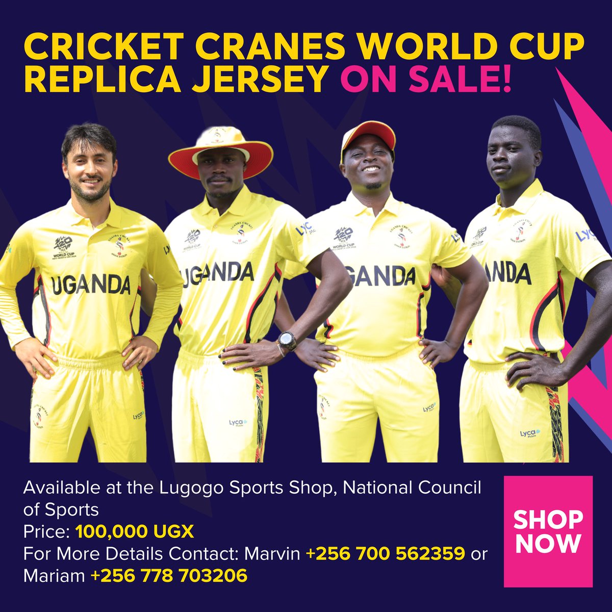 Get your jersey now for just 100,000/=. Look sharp and cheer on the Cricket Cranes in the World Cup! #T20WorldCup #WeAreCricketCranes