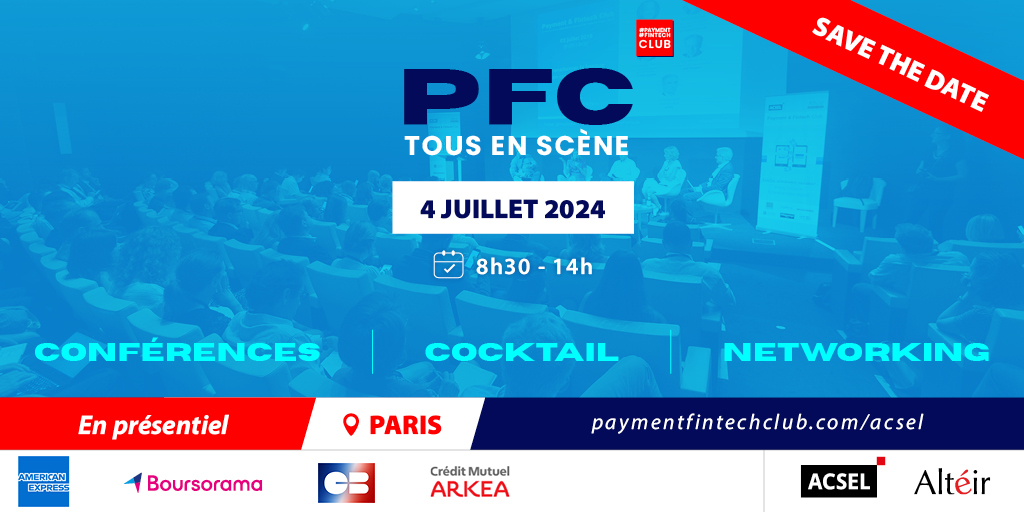 📣 SAVE THE DATE Ne manquez pas la prochaine édition du #Payment & #Fintech Club PFC Tous en scène! en présentiel le 4 juillet prochain. Le PFC Tous en Scène! incontournable lieu d'échanges et de networking de l'écosystème de la banque, de la finance et du paiement, fait son