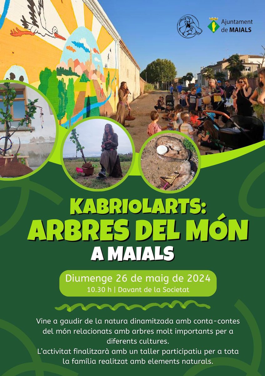 Aquest diumenge, activitat infantil a #Maials amb KabriolArts!🌲🌳🌴🌵 Us convidem a venir a gaudir de la natura dinamitzada amb aquest conta-contes del món relacionat amb arbres molt importants per a diferents cultures. L'activitat forma part dels actes de la primavera cultural.