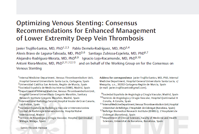 🆕 Nuevo ‼️‼️‼️ Documento de consenso con participación de @Sociedad_SEMI | 'Optimizing Venous Stenting: Consensus Recommendations for Enhanced Management of Lower Extremity Deep Vein Thrombosis' 🔹Acceso DOI: doi.org/10.1055/s-0044… @mmartinasenjo @somimurenred @GT_Trombo