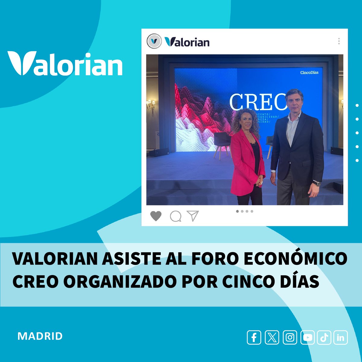 Valorianenred's tweet photo. VALORIAN ASISTE AL FORO ECONÓMICO CREO ORGANIZADO POR @CincoDiascom 
 
Cinco Días impulsa CREO 2024, un espacio de encuentro que busca resaltar el papel catalizador de transformación social y progreso que desempeñan las empresas en España.
 
Más información: https://t.co/kEICjck4Fp

#retail #empresas #consumo #turismo #transformacion