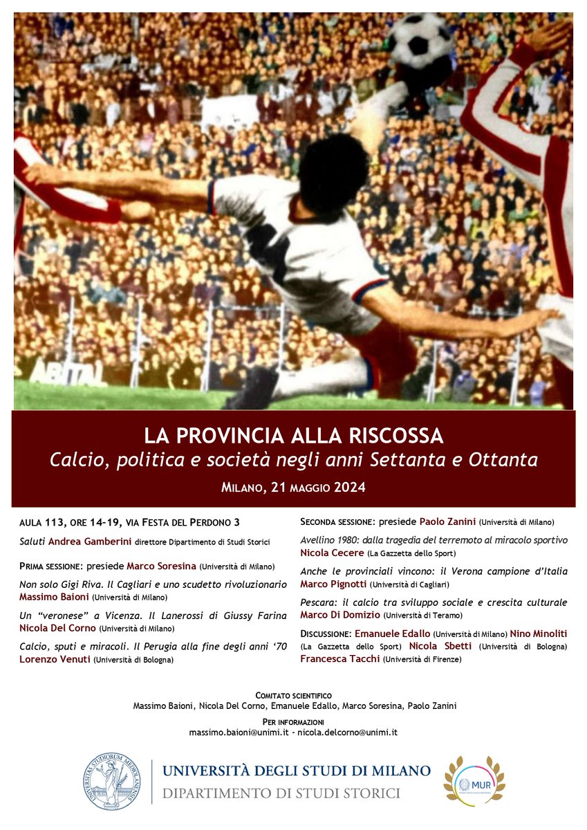 'La provincia alla riscossa. Calcio, politica e società negli anni settanta e ottanta', 21.05 dalle 14, in presenza e in diretta su Teams. @LaStatale