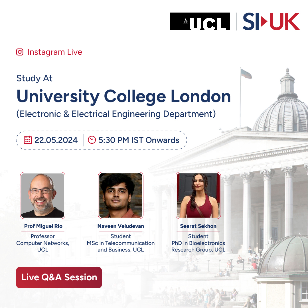 Join our Instagram Live tomorrow with Prof Miguel Rio & Indian students Naveen Veludevan & Seerat Sekhon for insights into our MSc programmes plus more about studying in London. 🗓️ 22nd May ⏰ 5:30 pm Join us here: instagram.com/ucl.eee/?hl=en…