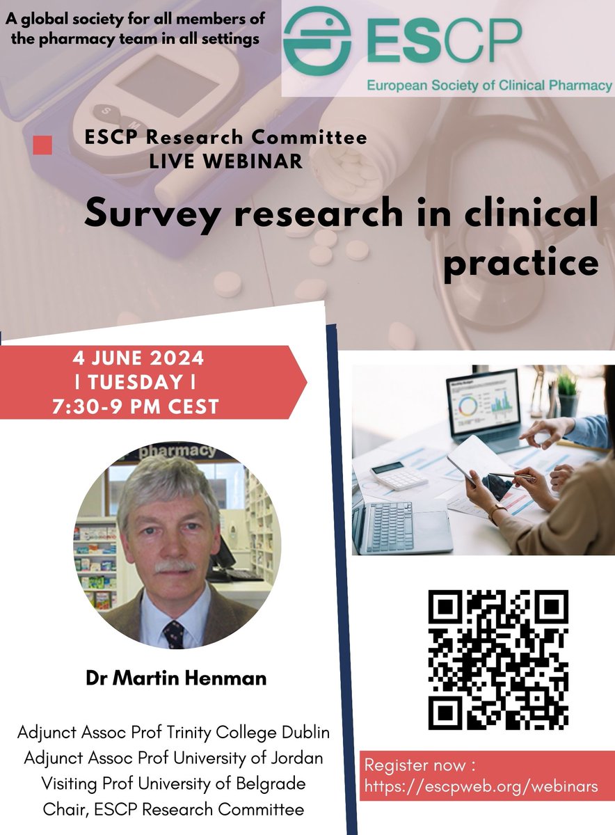 *Great opportunity for professional development*
Will cover - robust and rigorous surveys, assessment and dissemination of data 
FREE for members, €25 for non-members
Scan QR code to register.
For registration: bit.ly/3q98tqC  
#pharmacy #pharmacists #clinicalpharmacy