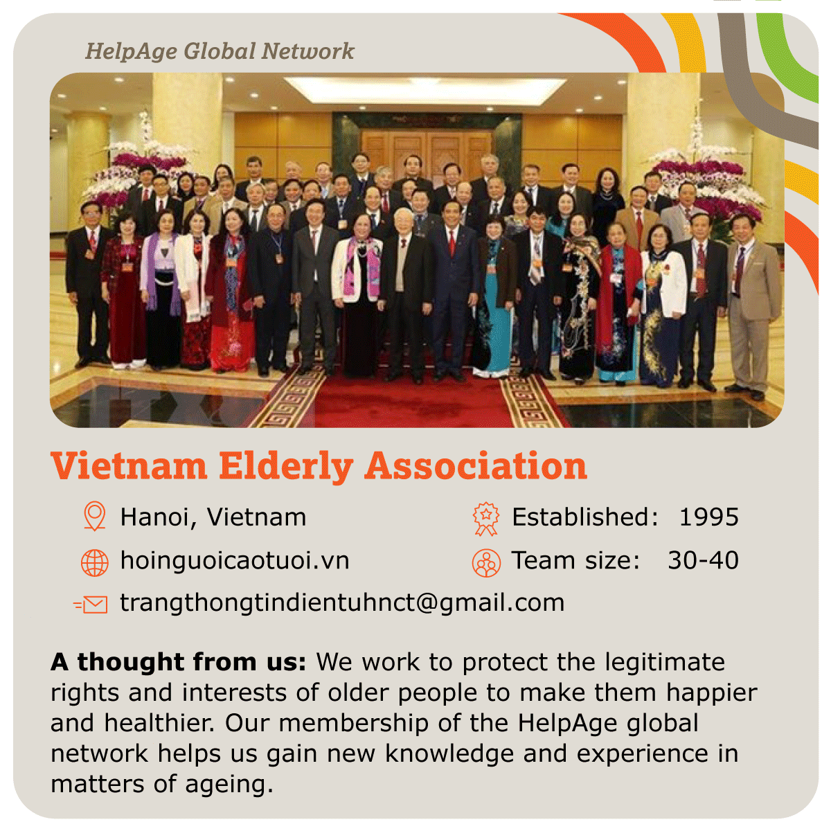 HelpAge's tweet photo. 🌍 Discover #HelpAgeNetwork member: Vietnam Elderly Association 🇻🇳
They promote employment opportunities for #OlderPeople.
Learn more: https://t.co/iJdIJxjp1P
Follow us for more #HelpAgeNetwork cards and collect them all!
#partnerships https://t.co/qpHgDnuDna