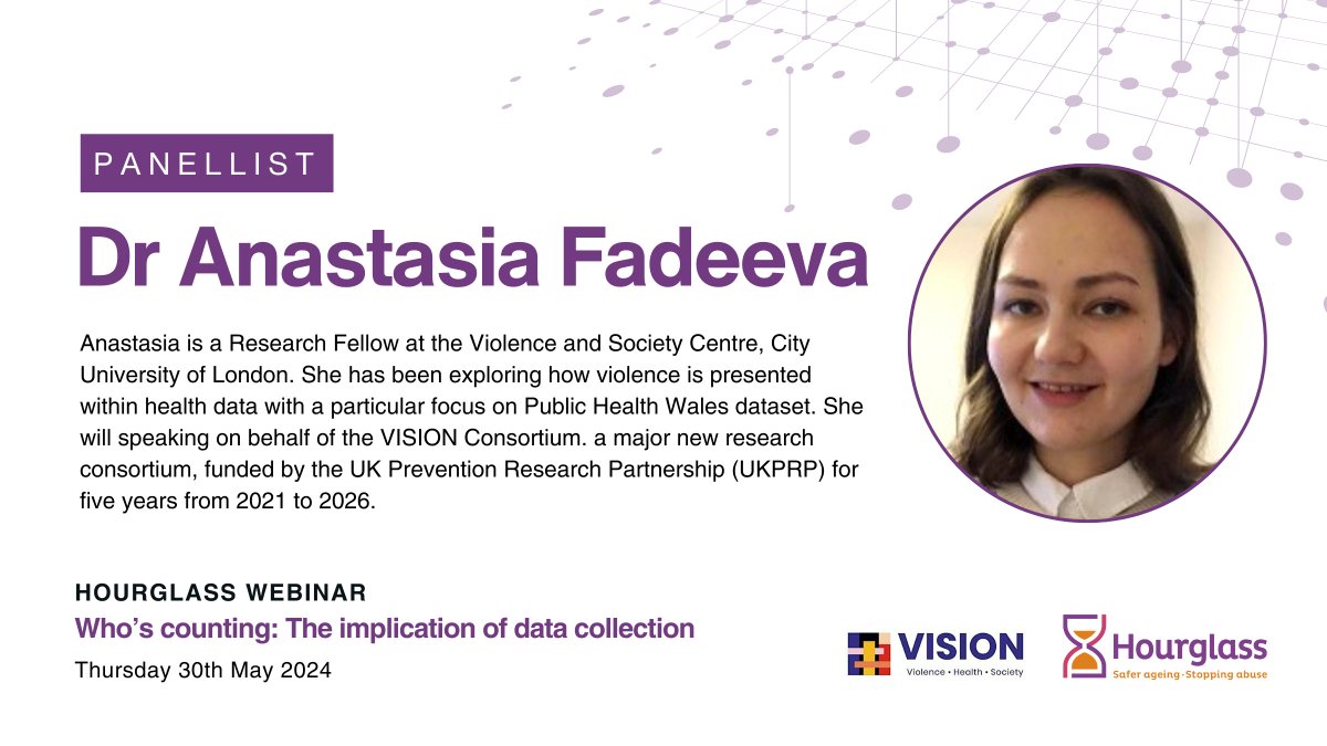 On the 30th May, we'll be presenting the next in our series of #HourglassWebinars on data collection and the abuse of older people. We're pleased to be joined by @anastasia_f_o representing @VISION_UKPRP as a panellist. Book your place for free: eventbrite.com/e/whos-countin…