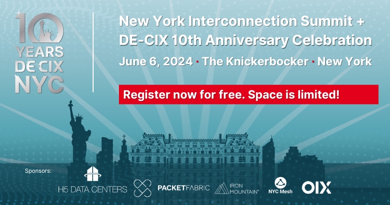 Join us on June 6 to celebrate... ...10 years of #DECIX New York! 🗽🎉 Register now for the New York Interconnection Summit & dive into the past, present & future of New York's #interconnection alongside fellow industry experts. 🚀 Get your ticket now: bit.ly/4dM815M