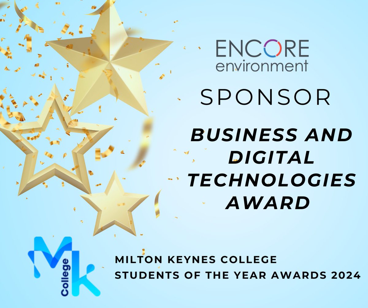 Encore is thrilled to sponsor the Business &amp; Digital Technologies Award at the Milton Keynes College Students of the Year Awards (#SOTY24), taking place at Silverstone on May 23rd. Good luck to all the students! #MKCollege #business #digital #technology #awards #sponsor