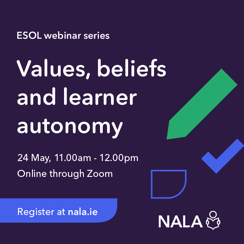nalaireland's tweet photo. Join us on Friday 24 May at 11am for the last part of a four-webinar series for ESOL tutors.
We will look at how we can promote learner autonomy in and out of our classrooms by reflecting on our own values and perspectives.
Free registration β€΅οΈ https://t.co/iIkTH9HImF https://t.co/WRfzxaRLeS