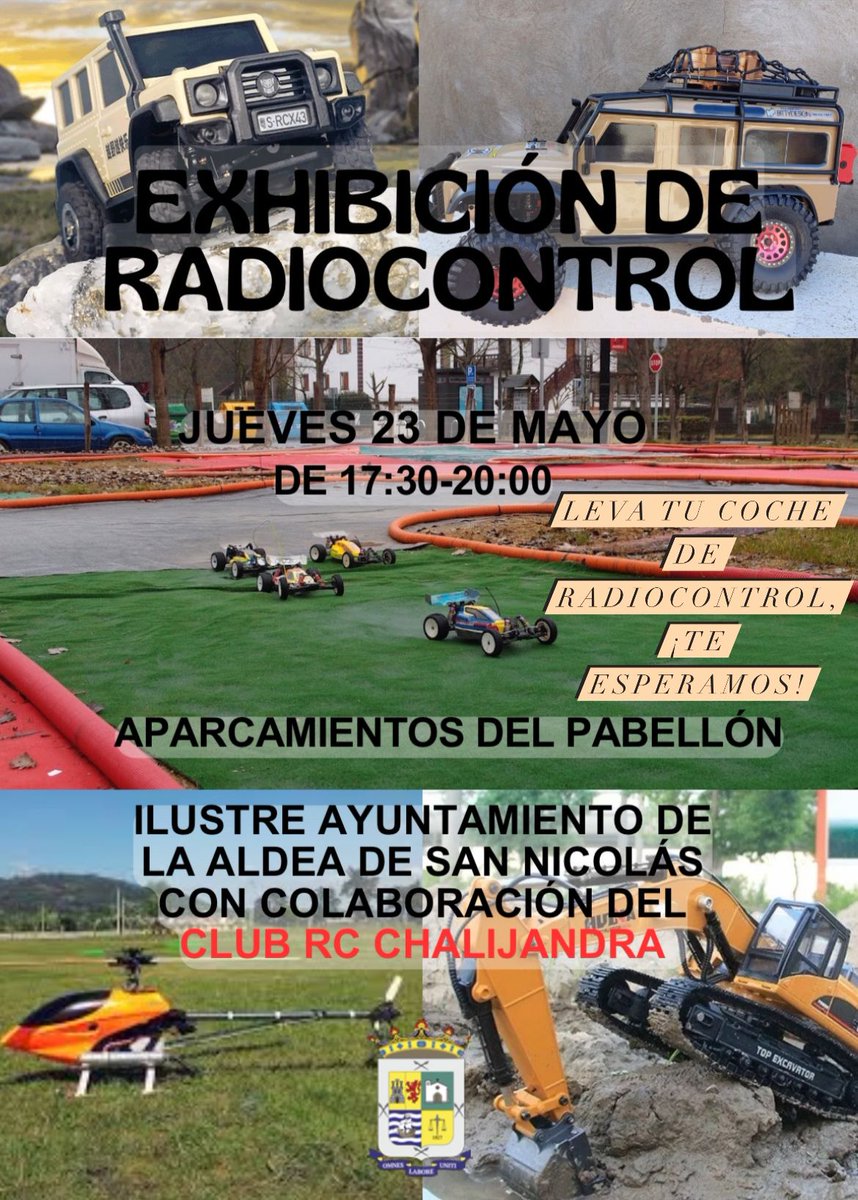 🏎️Este jueves, 23 de mayo, de 17:30 a 20:00 h, en los aparcamientos del pabellón, celebramos una exhibición de coches radiocontrol organizada por la Concejalía de Deportes, que dirige Ulises Afonso, en colaboración del Club RC Chalijandra.