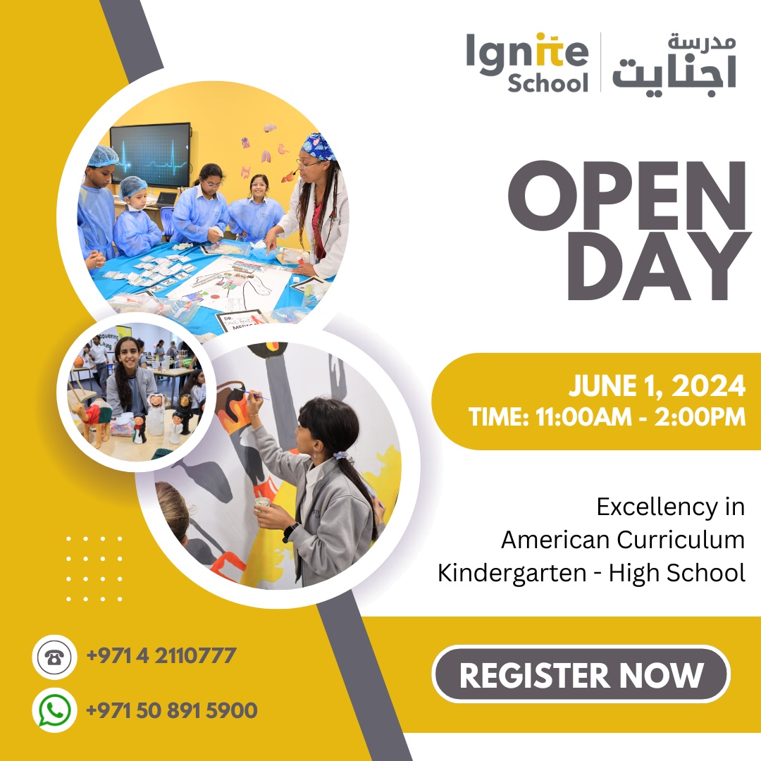 Join us for our upcoming Open Day on June 1, 2024 at Ignite School. Meet with our expert Admissions team for personalized one-to-one consultations and enjoy a guided tour of our campus. Reserve your child's seat today by registering now!

#IgniteSchool #AmericanCurriculum