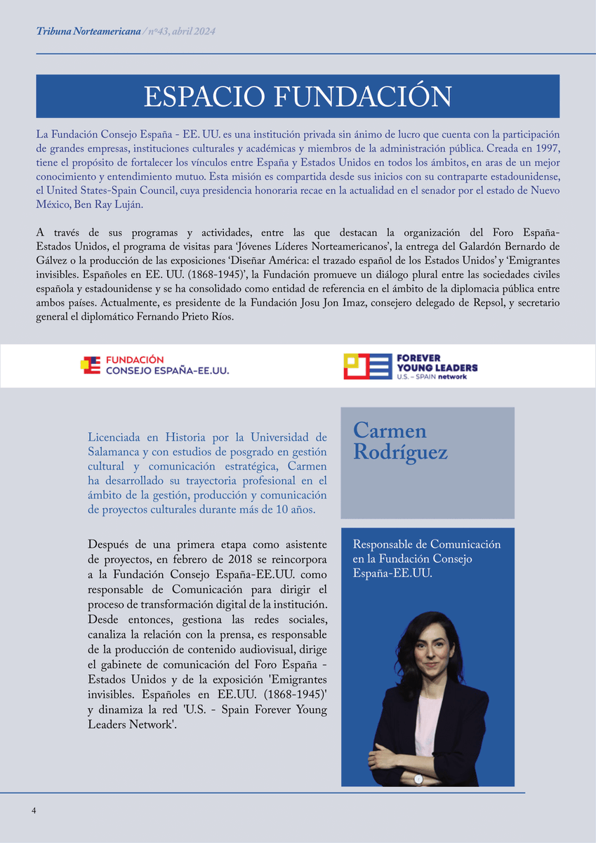 IB_Franklin's tweet photo. #TribunaNorteamericana
📋 #EspacioFundación: "La red ‘U.S. – Spain Forever Young Leaders Network’: una nueva conexión entre España y Estados Unidos"
✍️ Escrito por Carmen Rodríguez, responsable de Comunicación @FundConEspEEUU
#TN43
¡A continuación! ➡️ https://t.co/qRbViUWfLa https://t.co/tHA0ARCuZX