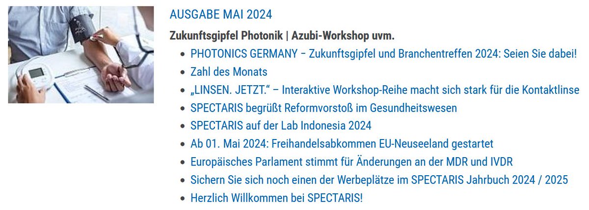 Die Mai-Ausgabe des SPECTARIS-Newsletters ist da! Themen in diesem Monat sind u. a.
 
➡ PHOTONICS GERMANY − Zukunftsgipfel und Branchentreffen 2024

➡ „LINSEN. JETZT.“ – Interaktive Workshop-Reihe macht sich stark für die Kontaktlinse

Mehr 👉 t.ly/RzXGa