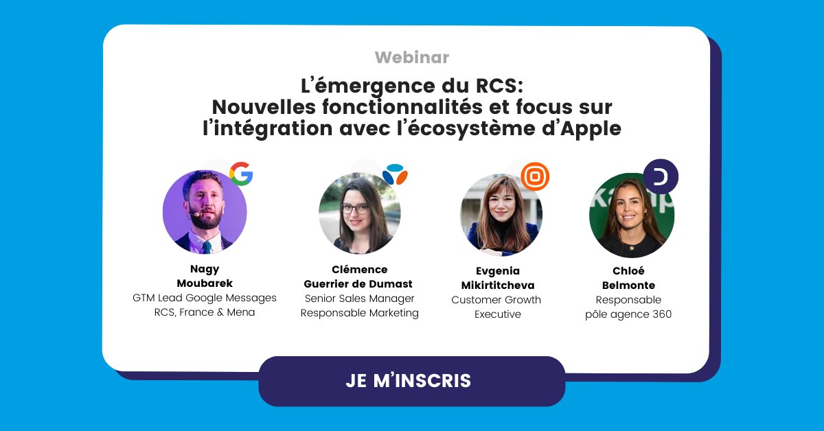 Webinar | Rdv le 28 mai prochain à 9h30, pour un #webinar sur le thème du #RCS avec les équipes de <a href="/Google/">Google</a> , <a href="/bouyguestelecom/">Bouygues Telecom</a>, <a href="/Infobip/">Infobip</a>  et nous. 🤳🏼

 Inscrivez-vous 👉🏼

infobip.com/fr/c/webinar-e…