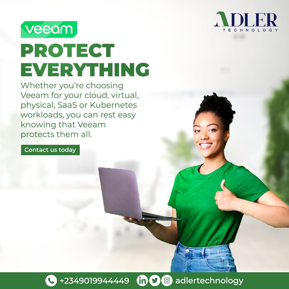 Whether you're choosing Veeam for your cloud, virtual, physical, SaaS or Kubernetes workloads, you can rest easy knowing that Veeam protects them all.

Contact us to get started

#tech #cloud #itservice #technology #firewall #security #adler #adlertechnology #server #business