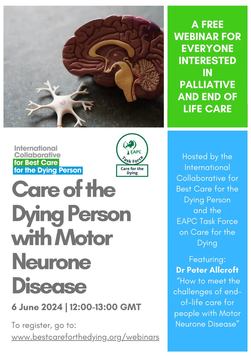 In collaboration with @EAPCvzw Task Force on Care for the Dying, our next webinar explores the challenges of providing end-of-life care for those with #MotorNeuroneDisease.

Register at bestcareforthedying.org/webinars

#MND #ALS #PalliativeCare #MedEd #hapc #BestCareForTheDyingPerson