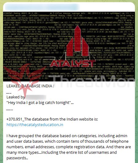 🇮🇳 Massive Data Leak from Education Site in India A threat actor claims to have leaked an extensive database from The Catalyst Education, an education website in India. The leaked data reportedly contains tens of thousands of phone numbers, email addresses, and full registration