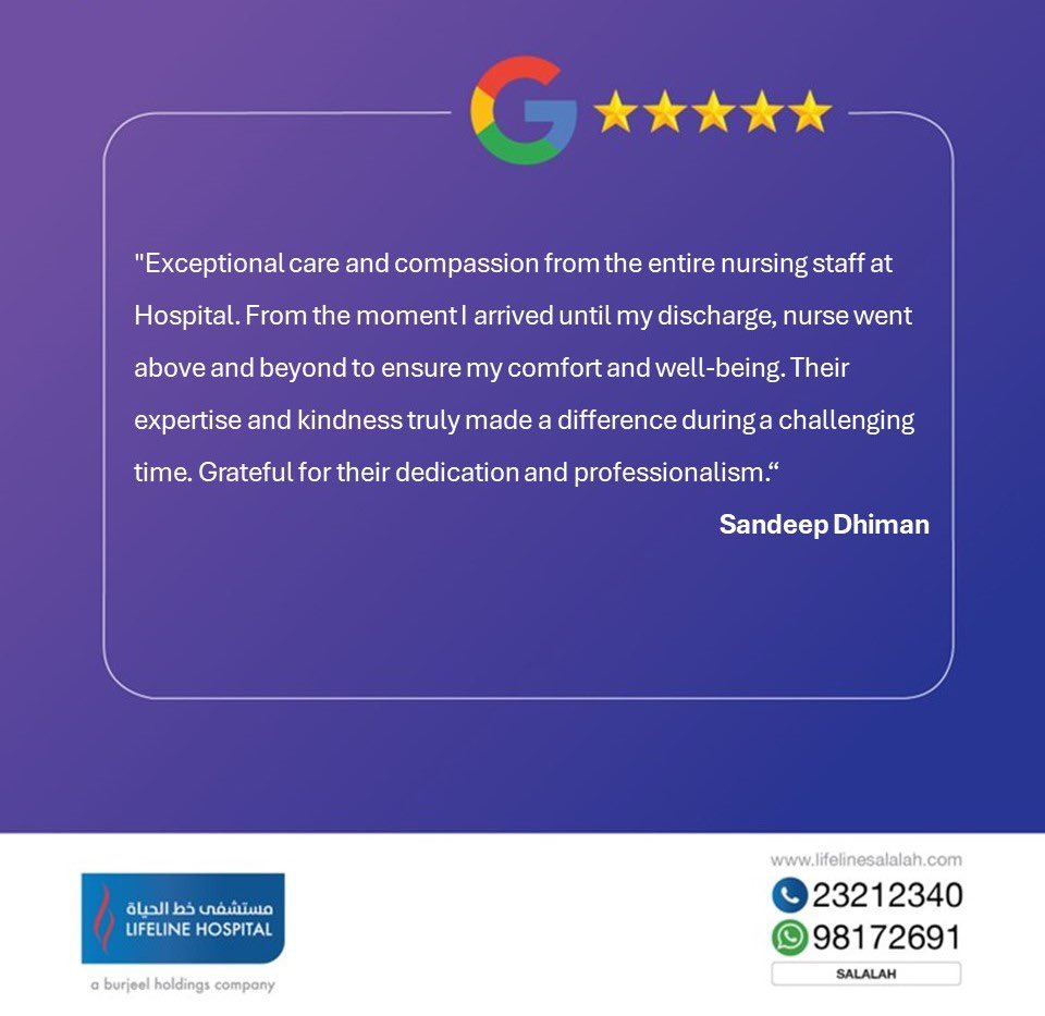 Thankyou very much Mr Sandeep Dhiman for your kind feedback .it means alot to our team and us also.
Such appreciation is what keeps us going. Thankyou and wish you well.
#thankyou ##review #lifelinehospitalsalalah #omanhospitals #lifelinehospitalsohar