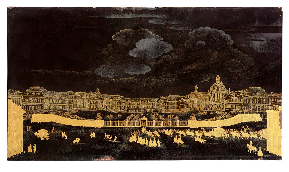Una prueba evidente y bellísima de la enorme difusión que alcanzaban los grabados en el pasado es esta exótica Vista del Palacio de Versailles en laca, oro y plata realizada en Nagasaki (Japón) h. 1788 a partir de una estampa de Jan Caspar Philips de 1756. A subasta en Christie's