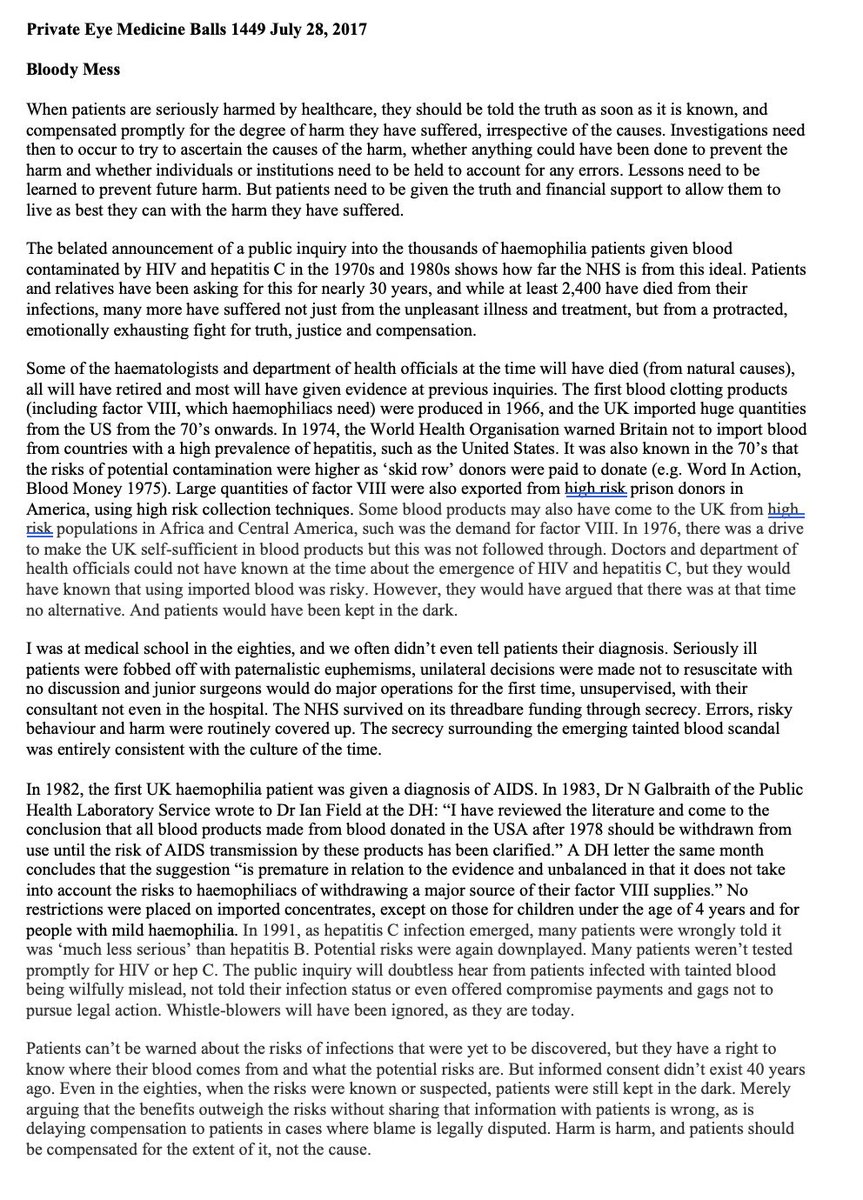 Here is my @PrivateEyeNews column from 2017 on the infected blood the scandal. I remember when parents were campaigning for a public inquiry into the Bristol heart scandal in the nineties, which they successfully achieved, others were campaigning for a public inquiry into