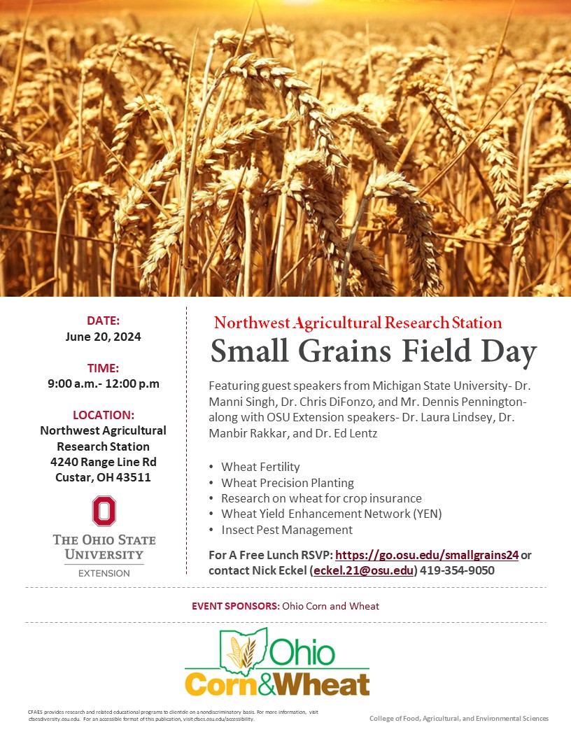 Registration is now open for the Small Grains Field Day sponsored by <a href="/OhioCornWheat/">Ohio Corn & Wheat</a>! Register here ➡️osu.az1.qualtrics.com/jfe/form/SV_dm… Free event with lunch included + a great line-up of speakers from Ohio State &amp; Michigan State <a href="/OSU_Agronomy/">Ohio State Agronomy</a> <a href="/OSU_HortCropSci/">Ohio State Horticulture and Crop Science</a>