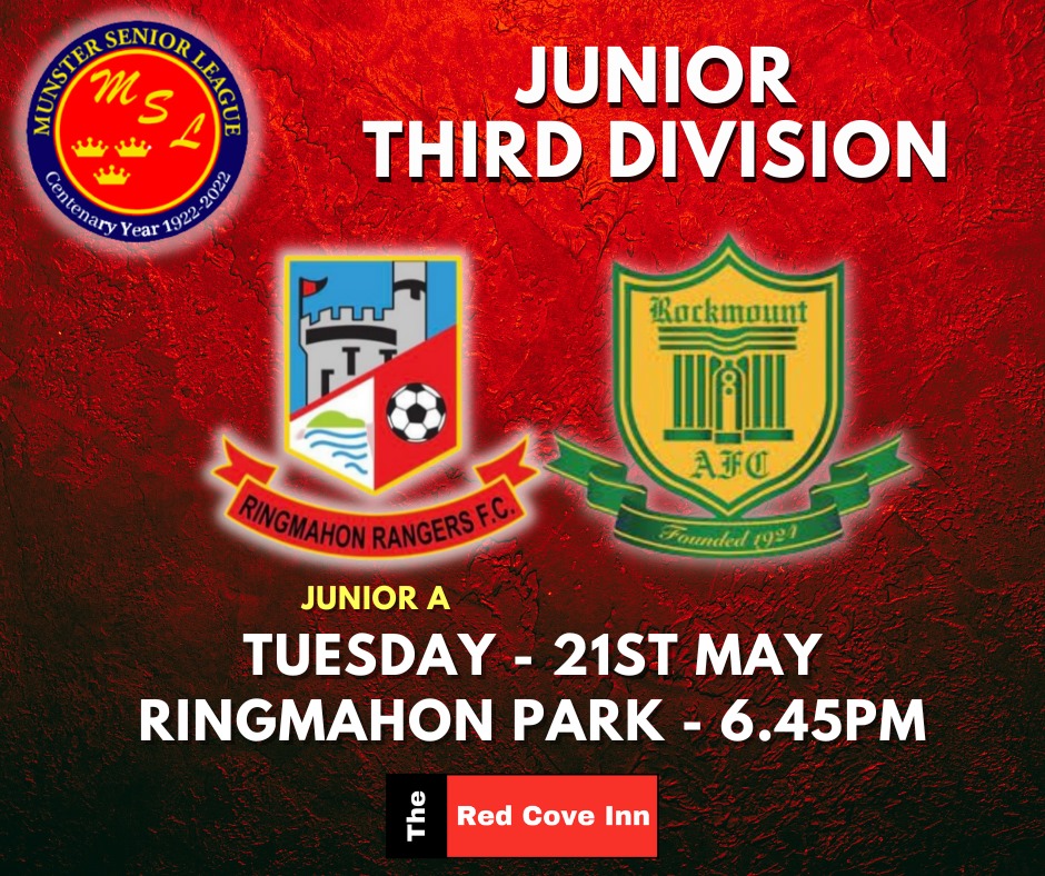 Massive game for our Junior-A side tonight as they host Rockmount in Ringmahon Park at 6.45pm. The lads know a win is vital to stay in contention for league honours so let's get down and support them. Best of luck lads 🔴⚫ @redcoveinn