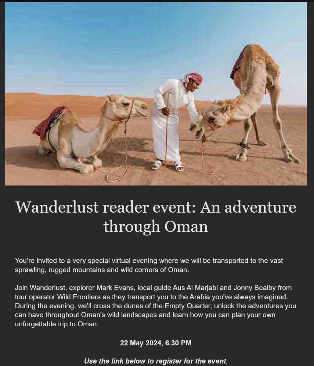 Final call-nearly 700 people have signed up for our online event on Wednesday May 22nd as we talk about what makes Oman THE place for adventurous travel and exploration….join us if you can …. details at wanderlust.co.uk/events/oman-re… <a href="/UKinOman/">UK in Oman</a> <a href="/BritishOmani/">The British Omani Society</a> <a href="/WildFrontiers/">Wild Frontiers</a>