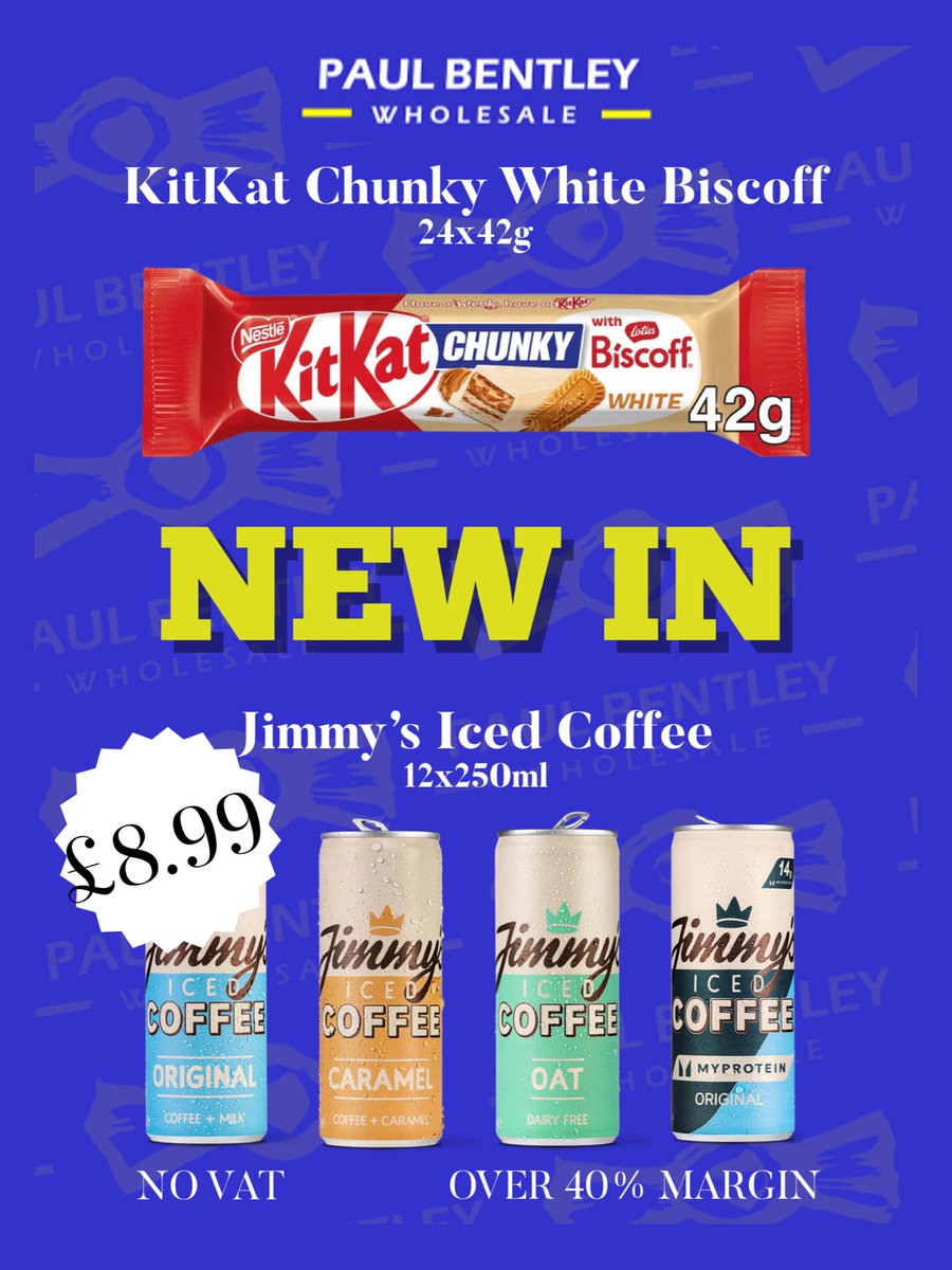 ‼️NEW IN‼️
- KitKat Chunky White Biscoff 
AND
Our brand new Jimmy Iced Coffee Cans 
- Original🩵
- Caramel 💛
- Oat 💚
- Protein 💙

Grab yours now!

#kitkat #kitkatclub #kitkatchunky #biscoff #jimmy #jimmycoffee #paulbentley #wholesale #confectionery