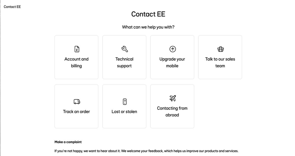 EliEsDes's tweet photo. @EE Can you please make it more obvious/involve fewer steps for vulnerable people to contact you?  Once I clicked "contact us" I had no idea what I was supposed to click next, and I don't fancy spending 10 minutes on the EE site this morning trying to find the email address. https://t.co/DAVtsopyA8