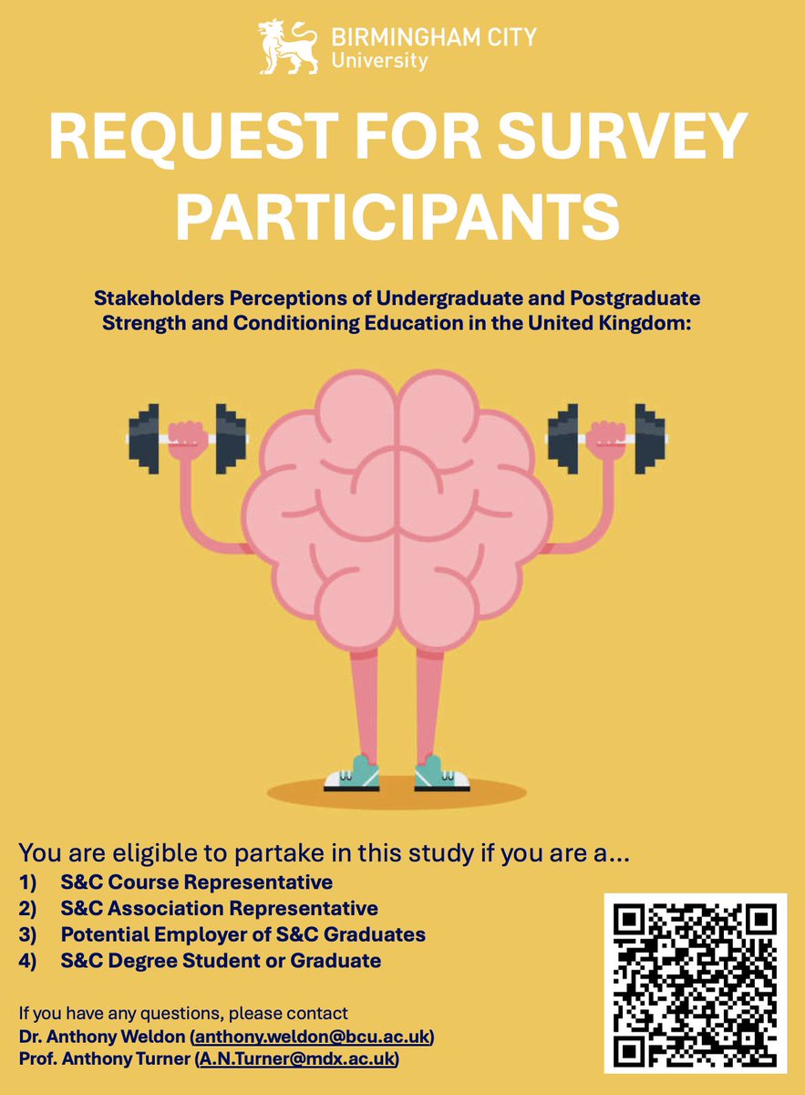 Stakeholders of undergraduate and postgraduate S&C education 🎓 in the UK 🇬🇧 Could you please complete and share our survey 📬: shorturl.at/I2VtM Our aim is to present stakeholders perceptions of HE and make informed recommendations for future improvement 📈