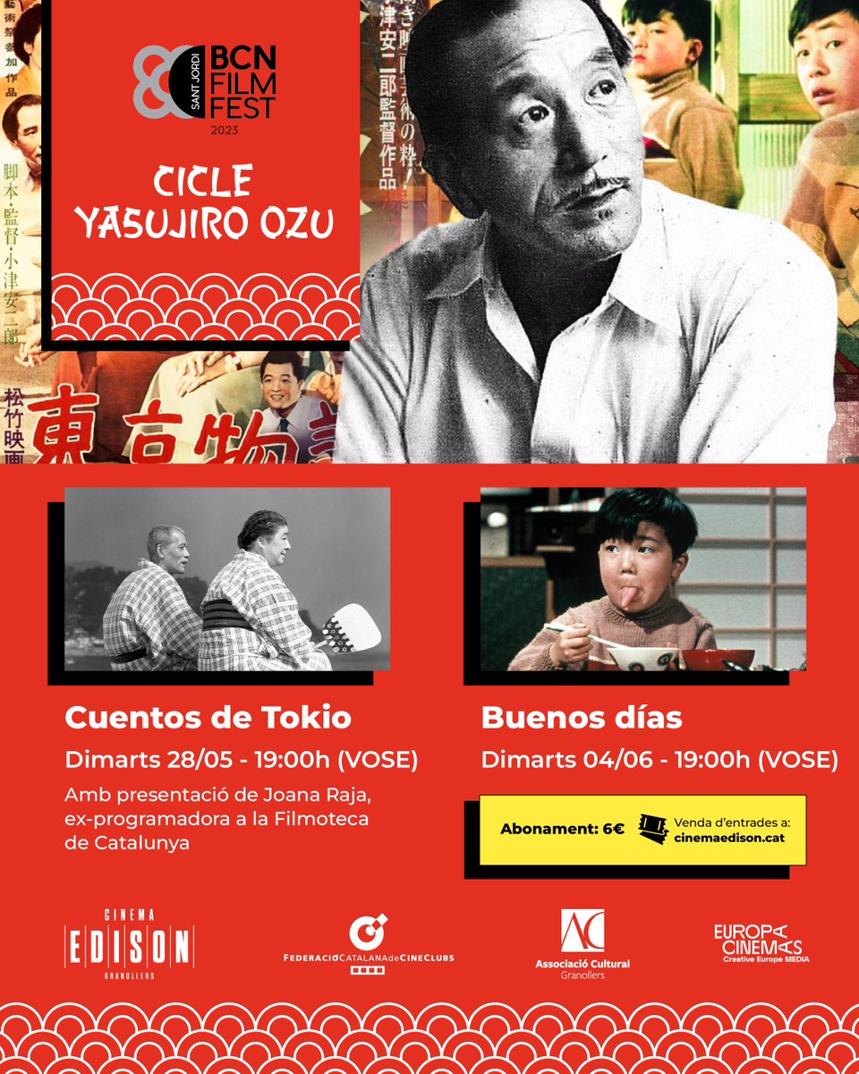 edisoncinema's tweet photo. 🎌 Cicle de #YasujiroOzu al #Edison!
👉 Dues pel·lícules del mestre japonès, gràcies a la @Fedcatcineclubs i al @BCNFilmFest!
🎟🔗 Compra el teu abonament aquí: https://t.co/CXSPT0ASDK
#Cinema #CinemaEdison #ACGranollers https://t.co/tnRZ7ZO3Ns