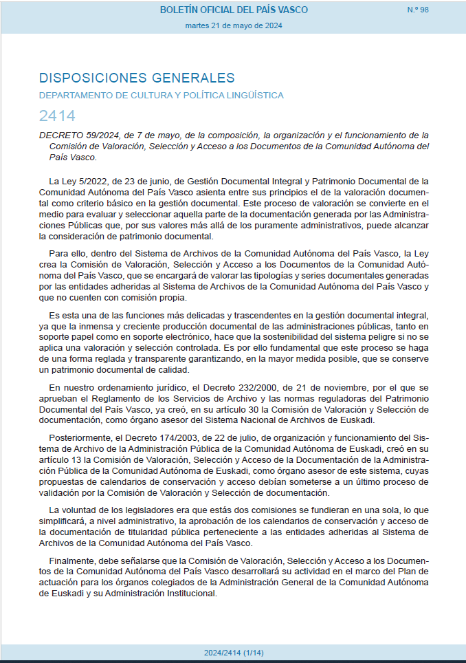 artxibo's tweet photo. 📢El #BOPV de hoy publica el DECRETO 59/2024 de la composición, la organización y el funcionamiento de la Comisión de #Valoración, Selección y #Acceso a los Documentos de la Comunidad Autónoma del País Vasco #Archivo #COVASADE

https://t.co/Y5HueLriiL https://t.co/dUH2qhalFr