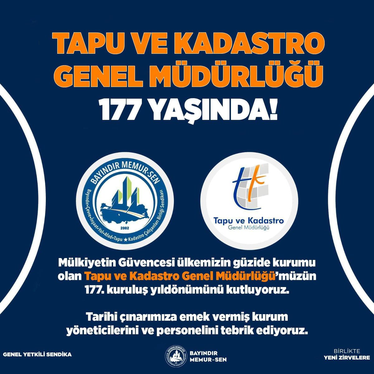 Mensubu olmaktan gurur duyduğum 
Mülkiyetin güvencesi Ülkemizin en güzide kurumu Tapu ve Kadastro Genel Müdürlüğümüzün  177. Kuruluş yıl dönümü kutlu olsun…
 <a href="/tkgmgovtr/">Tapu ve Kadastro</a>
@bayındırmemursen