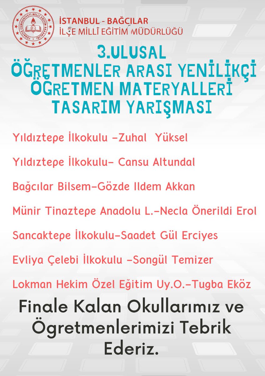 3. Ulusal Öğretmenler Arası Yenilikçi Öğretmen Materyalleri Tasarım Yarışmasında Finale kalan okulumuz sınıf öğretmenlerinden Saadet Gül Erciyes’i tebrik eder, başarılarının devamını dileriz 👏🏻