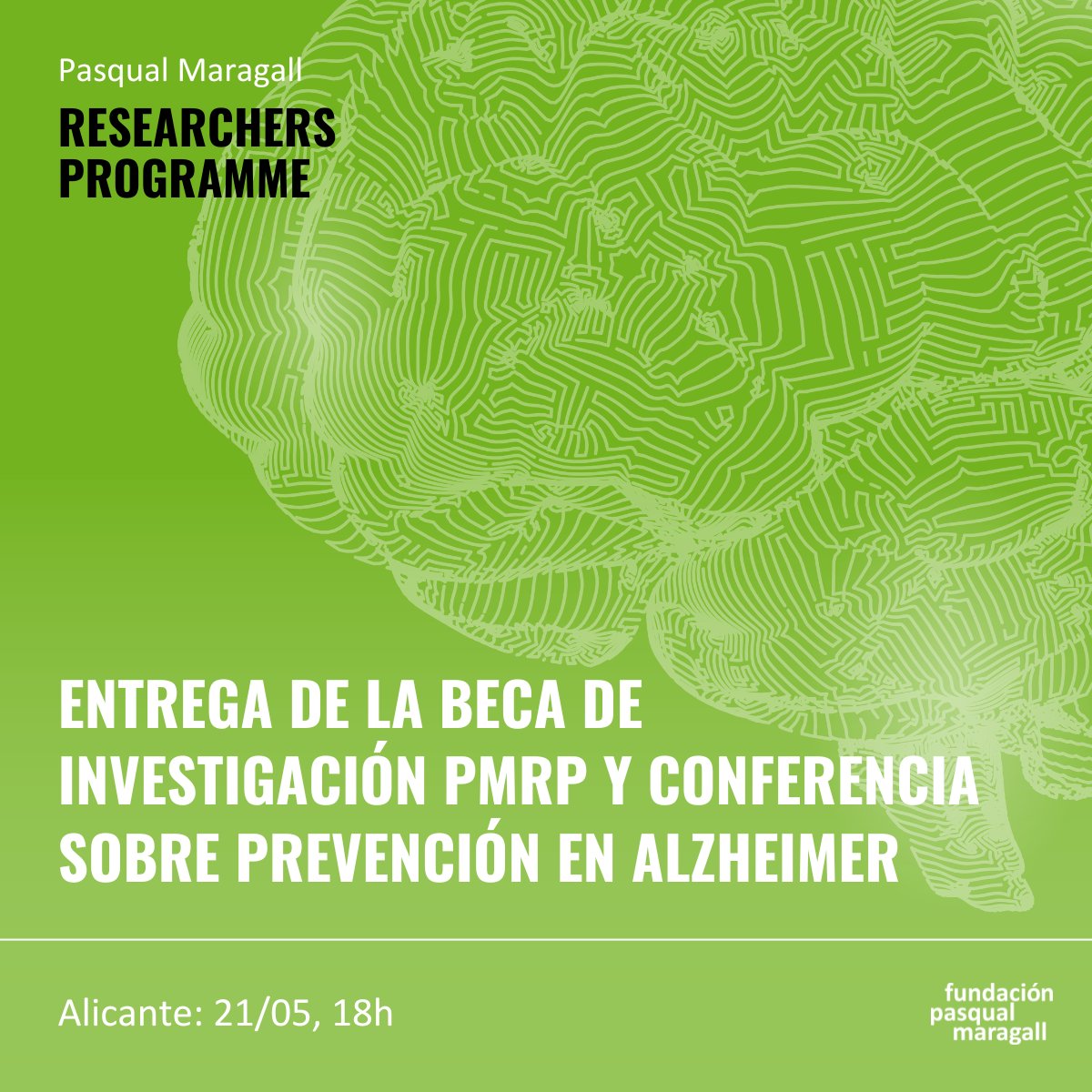 Te esperamos hoy a las 18h en el Palacio de Congresos de Alicante para la entrega de la beca Pasqual Maragall Researchers Programme 🔬 y nuestra charla 'Cuando te cuidas, el Alzheimer da un paso atrás' 🍏🏃‍♀️💤. ¡Todavía estás a tiempo de apuntarte! 👉 fpmaragall.org/alicante