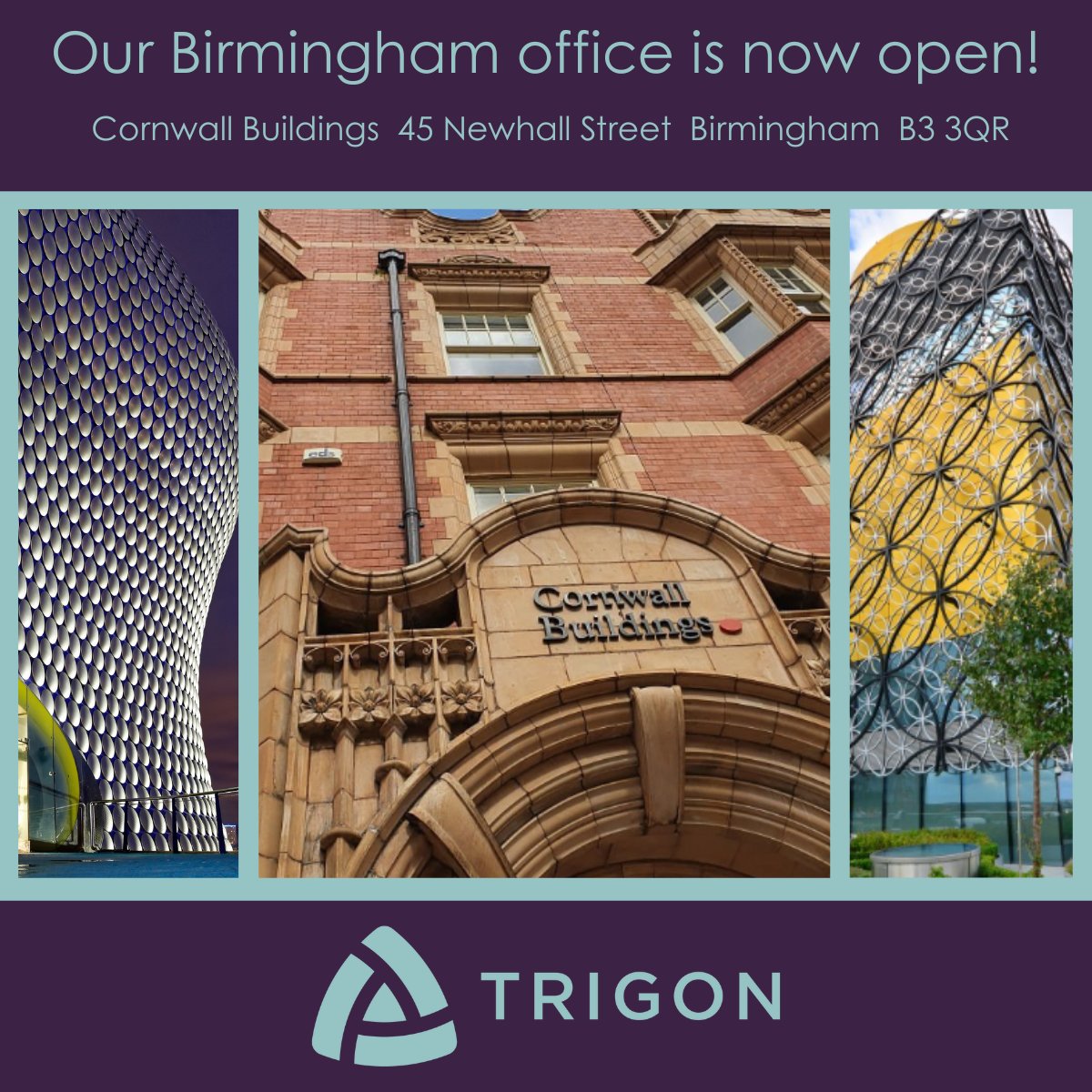 🌟We are thrilled to announce our new Birmingham office is open!🌟 
 
Trigon now have offices in London and Birmingham and continue to enjoy working with clients across the UK and internationally. 

#newoffice #Birmingham #clients #expansion #growingbusiness #newlocation