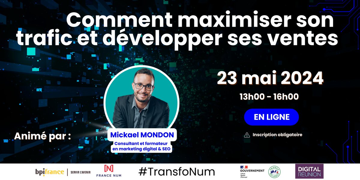 [ J-2  #TransfoNum ! 🔥 ]

🗓️ 23 mai 2024 / 13h-16h en ligne
Au cours de cette session, nous aborderons deux sujets essentiels pour votre entreprise :
- Maximiser votre trafic et booster vos ventes 
- Créer ou améliorer votre site web et vos pages de vente
vu.fr/VbKSp
