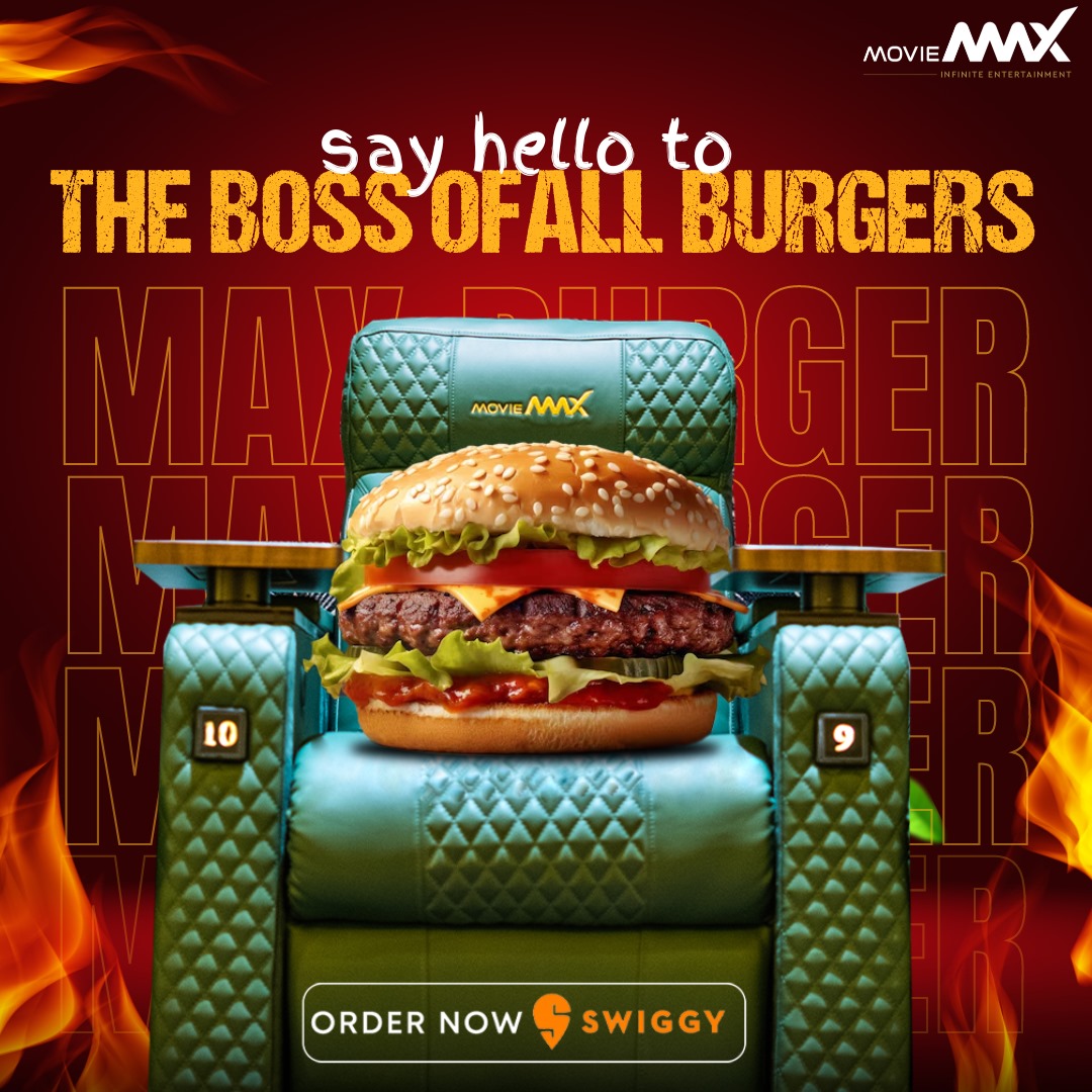 🍔 Say hello to The Boss of Cheesy Delights! 😍 #MovieMax burgers are packed with layers of cheesy goodness that will make your taste buds dance. Ready to elevate your movie snack game? Order now on Swiggy and indulge in cheesy perfection! 🎬🍔 . . #CheesyBoss