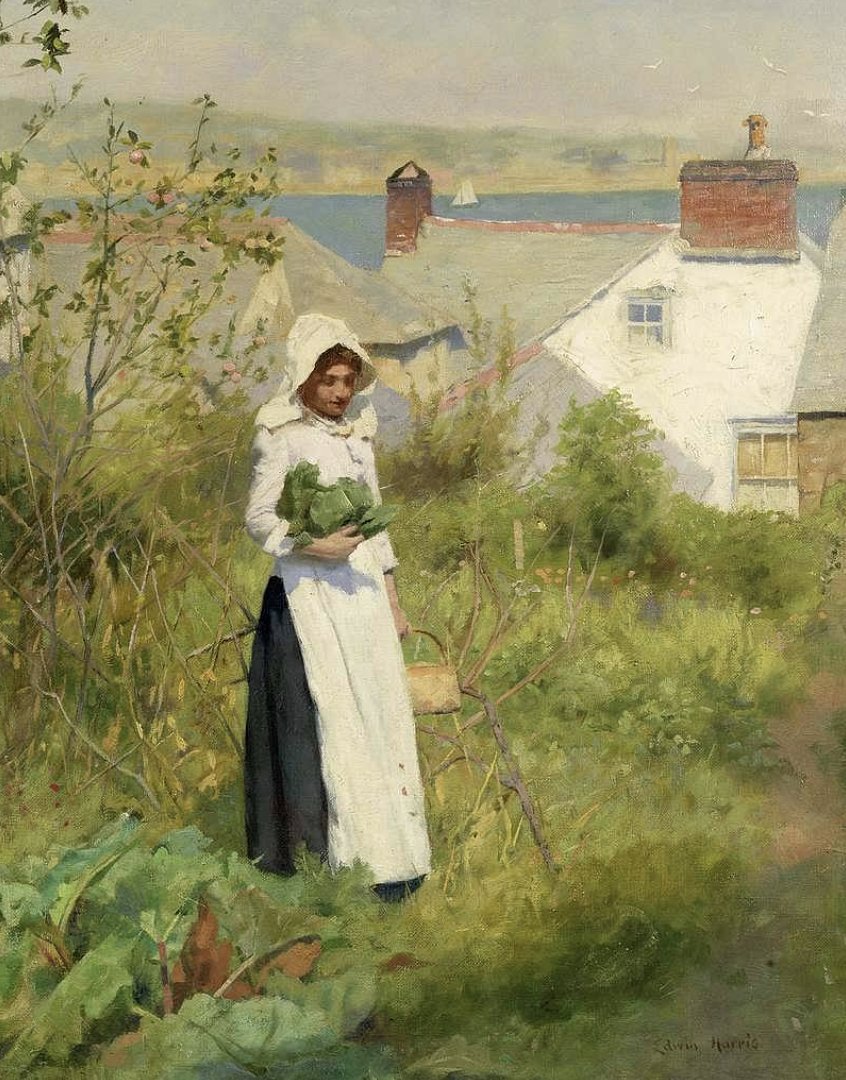 'A Cornish Cottage Garden', 1906, Edwin Harris (1855-1906). Born in Ladywood, Birmingham, Harris lived in Newlyn for twelve years and was recognised as one of the pioneers of the Newlyn School.