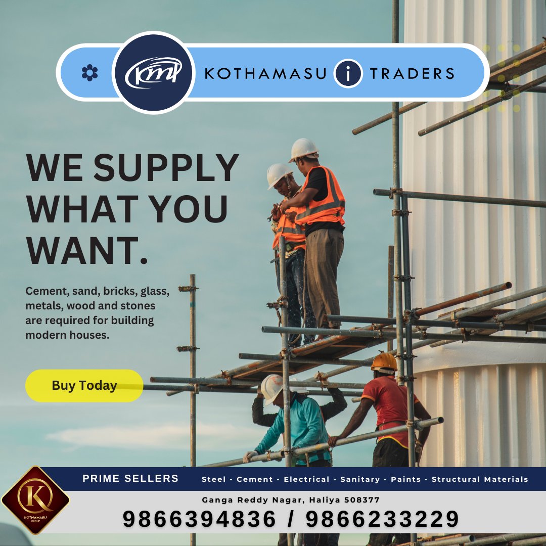 Kothamasuitrade's tweet photo. "Building your dream home? @kothamasuitrade We supply top-quality cement, sand, bricks, metals and stones required for modern construction. Buy today! #BuildingMaterials #Construction #Quality #PrimeSellers #Steel #Cement #Electrical #Sanitary #Paints #StructuralMaterial https://t.co/zbRx3dMu79